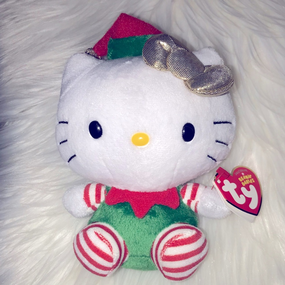 New Ty Beanie Babies - HELLO KITTY Christmas Elf Hat 6" Stuffed Plush With Tag
